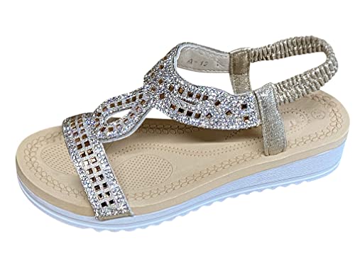 Pogolino Damen Sandalen Glitzer Zehentrenner Riemchen Blumen Nieten Sommer Sandaletten A12 – Gold- 37 von Pogolino