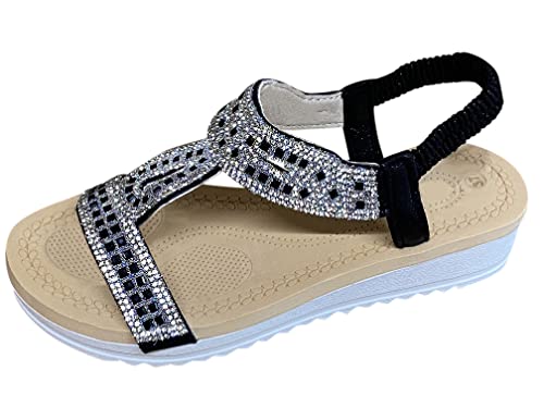 Pogolino Damen Sandalen Glitzer Zehentrenner Riemchen Blumen Nieten Sommer Sandaletten A12 – Schwarz- 38 von Pogolino