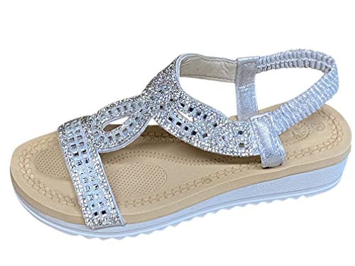 Pogolino Damen Sandalen Glitzer Zehentrenner Riemchen Blumen Nieten Sommer Sandaletten A12 – Silber – 36 von Pogolino