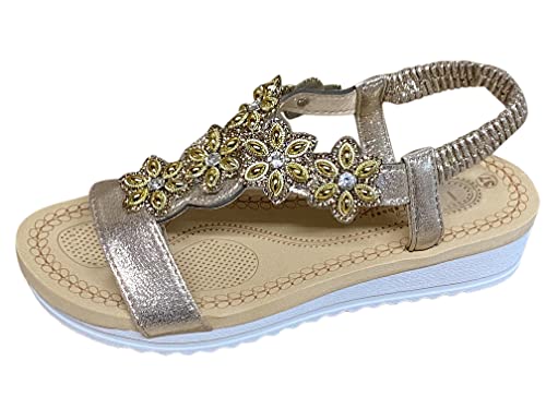 Pogolino Damen Sandalen Glitzer Zehentrenner Riemchen Blumen Nieten Sommer Sandaletten A2 – Gold – 36 von Pogolino