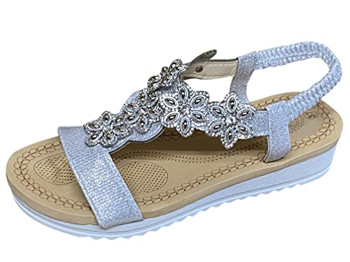 Pogolino Damen Sandalen Glitzer Zehentrenner Riemchen Blumen Nieten Sommer Sandaletten A2 – Silber – 37 von Pogolino