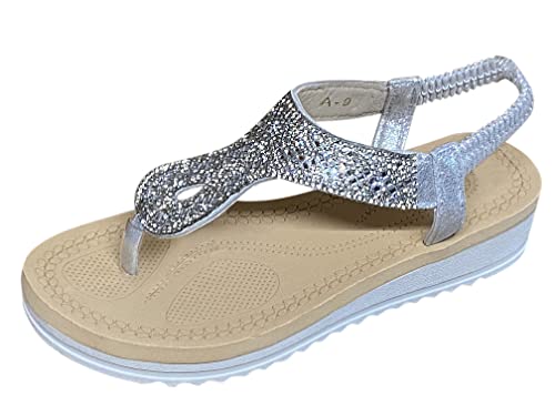 Pogolino Damen Sandalen Glitzer Zehentrenner Riemchen Blumen Nieten Sommer Sandaletten A9 – Silber – 38 von Pogolino