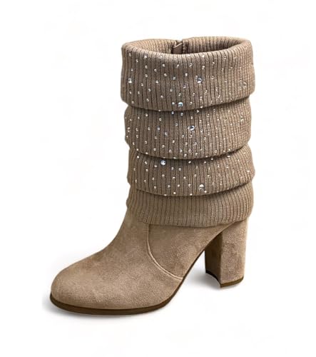 Pogolino Damen Stiefeletten Absatz elegant Glitzer Schnalle Stiefel Herbst Winter High Heels (569 Hellbraun 38) von Pogolino