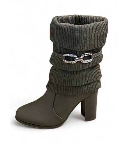 Pogolino Damen Stiefeletten Absatz elegant Glitzer Schnalle Stiefel Herbst Winter High Heels (570 Khaki 41) von Pogolino
