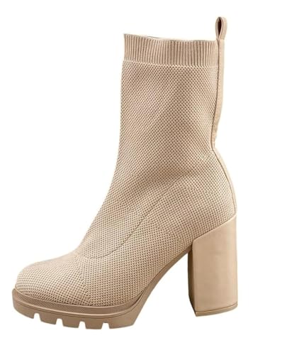 Pogolino Damen Stiefeletten Absatz elegant Strick stretch Stiefel Herbst Winter High Heels (0506 beige 38) von Pogolino