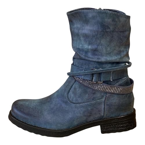 Pogolino Damen Stiefeletten Nieten Biker Boots Glitzer Stiefel leicht gefüttert 1573 Blau 38 von Pogolino