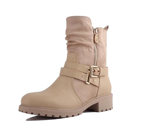 Pogolino Damen Stiefeletten Nieten Biker Boots mit Reißverschluß flach bequem Stiefel 2520 Beige 37 von Pogolino
