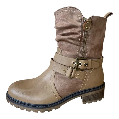 Pogolino Damen Stiefeletten Nieten Biker Boots mit Reißverschluß flach bequem Stiefel 2520 Khaki 39 von Pogolino
