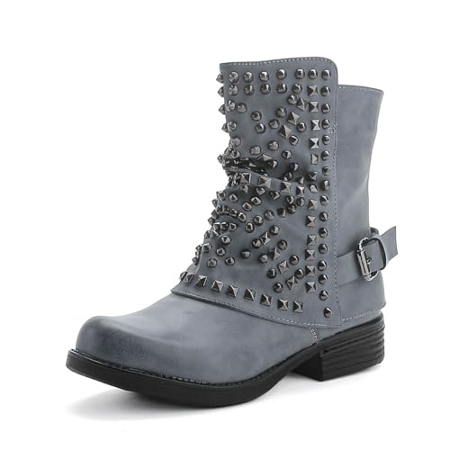 Pogolino Damen Stiefeletten Nieten Biker Boots mit Reißverschluß flach bequem Stiefel ST016 (ST03 Blau 42) von Pogolino