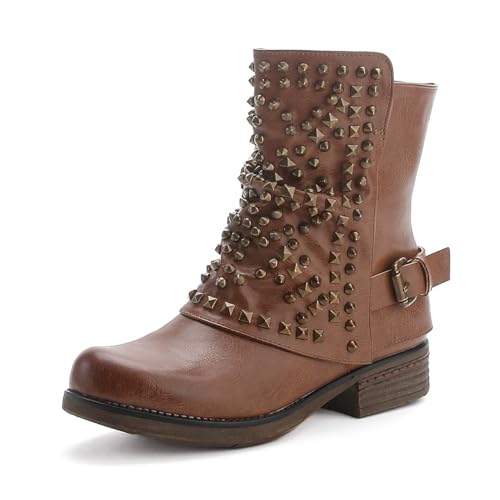 Pogolino Damen Stiefeletten Nieten Biker Boots mit Reißverschluß flach bequem Stiefel ST016 (ST03 Camel 42) von Pogolino