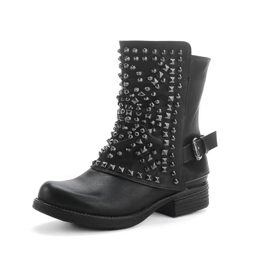 Pogolino Damen Stiefeletten Nieten Biker Boots mit Reißverschluß flach bequem Stiefel ST016 (ST03 Schwarz 37) von Pogolino