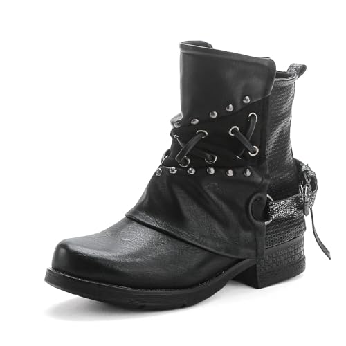 Pogolino Damen Stiefeletten Nieten Biker Boots mit Reißverschluß flach bequem Stiefel ST016 (ST107 Schwarz 37) von Pogolino