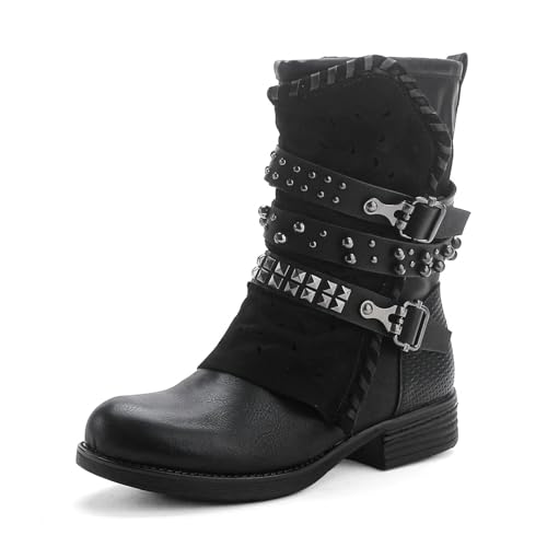 Pogolino Damen Stiefeletten Nieten Biker Boots mit Reißverschluß flach bequem Stiefel ST016 (ST15 Schwarz 39) von Pogolino