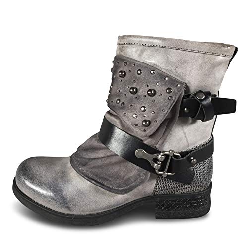 Pogolino Damen Stiefeletten Nieten Biker Boots mit Reißverschluß flach bequem Stiefel ST016 (ST94 Grau 36) von Pogolino