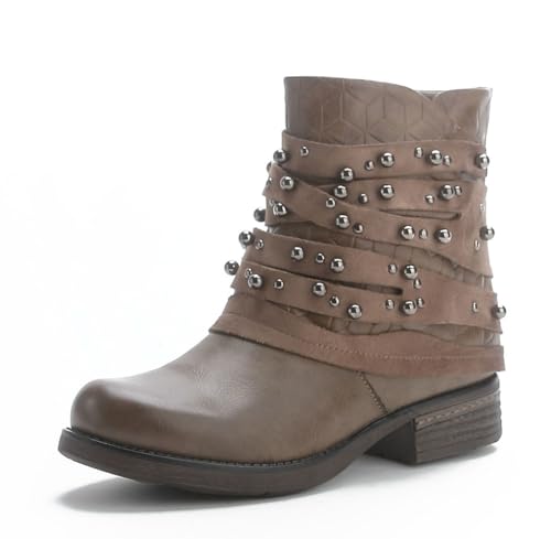 Pogolino Damen Stiefeletten Nieten Biker Boots mit Reißverschluß flach bequem Stiefel ST016 Braun 40 von Pogolino