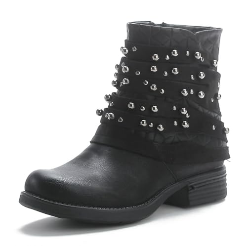 Pogolino Damen Stiefeletten Nieten Biker Boots mit Reißverschluß flach bequem Stiefel ST016 Schwarz 37 von Pogolino