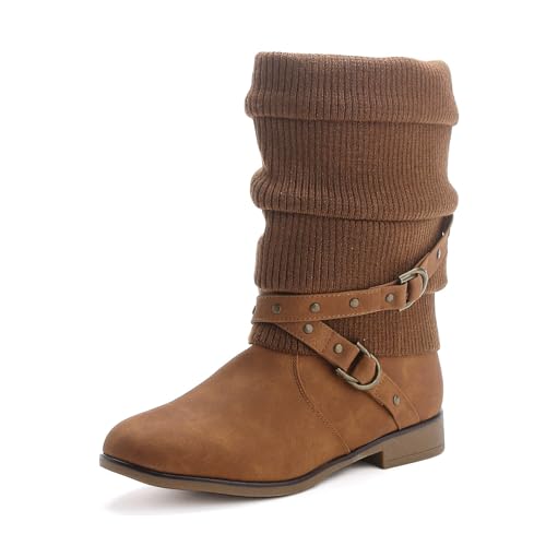Pogolino Damen Stiefeletten Plateau Strick Boots Biker Herbst Winter Stiefel ST2912, Camel 41 von Pogolino