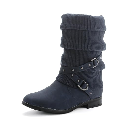 Pogolino Damen Stiefeletten Plateau Strick Boots Biker Herbst Winter Stiefel ST2912, Dunkelblau 38 von Pogolino