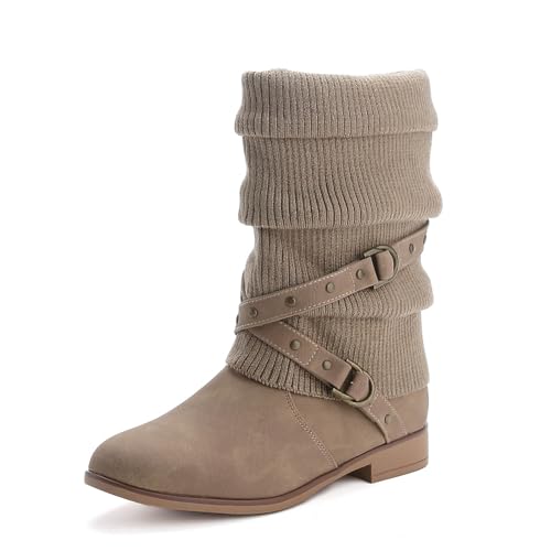 Pogolino Damen Stiefeletten Plateau Strick Boots Biker Herbst Winter Stiefel ST2912, Khaki 38 von Pogolino