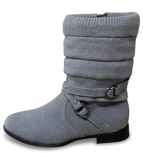 Pogolino Damen Stiefeletten Strick flach Stiefel gefüttert Boots, ST2912 Grau 39 von Pogolino