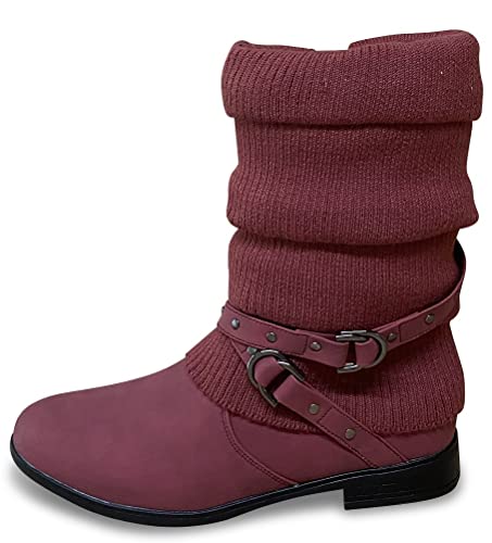 Pogolino Damen Stiefeletten Strick flach Stiefel gefüttert Boots, ST2912 Rot 38 von Pogolino