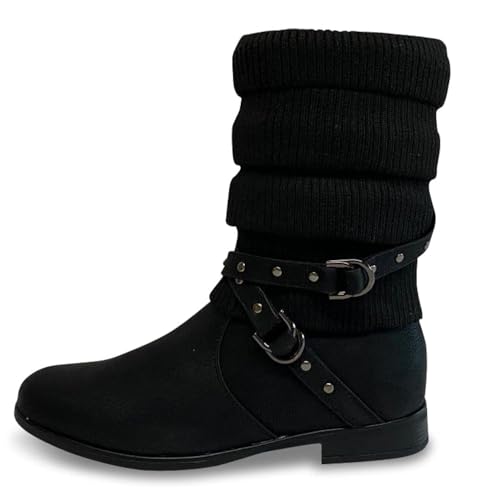 Pogolino Damen Stiefeletten Strick flach Stiefel gefüttert Boots, ST2912 Schwarz 39 von Pogolino