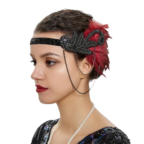 1920er Jahre Feder Haarband Frauen Vintage Kopfschmuck Flapper Stirnband Kopfschmuck Haar Zubehör, Schwarz und Rot, Einheitsgröße von Pohullan