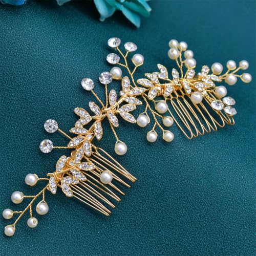 Brautkamm Gold-Silber Haarschmuck Hochzeit Kopfschmuck Strass Haarspangen Damen Tiara A429-Gold von Pohullan