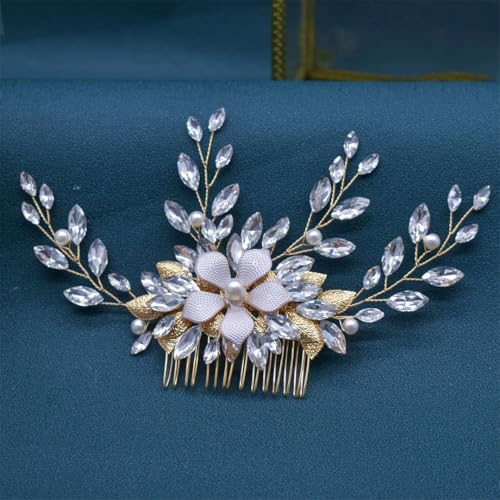 Brautkamm Gold-Silber Haarschmuck Hochzeit Kopfschmuck Strass Haarspangen Damen Tiara A510-Gold von Pohullan