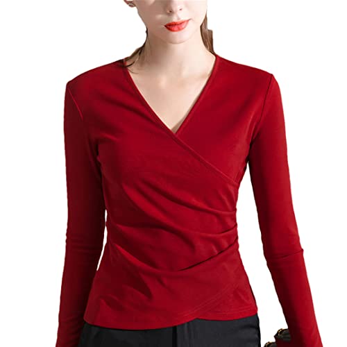 Damen-T-Shirt aus Baumwolle mit V-Ausschnitt und Langen Ärmeln, einfarbig, plissiert, Y2K-Oberteil von Pohullan