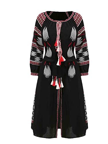Damen Vintage Stickerei Quaste Ethno Wind Langes Kleid Bohemian Strand Gürtel Cardigan Kleid, Schwarz , X-Large von Pohullan