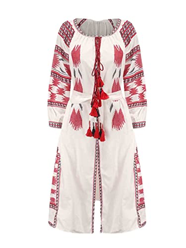 Damen Vintage Stickerei Quaste Ethno Wind Langes Kleid Bohemian Strand Gürtel Cardigan Kleid, weiß, Medium von Pohullan