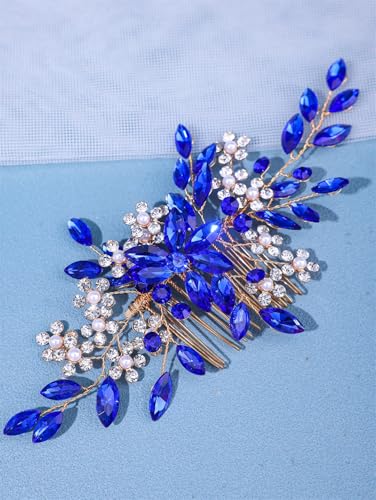Hochzeit Blume Perle Haarkamm Pin Band Strass Haarnadel Stirnband Tiara Braut Haarschmuck Blau von Pohullan