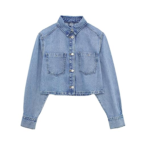 Pohullan Abgeschnittene Jeansjacke Damen High Street Taschen Blaue Jacke Mantel Top Weibliche Oberbekleidung Blue M von Pohullan