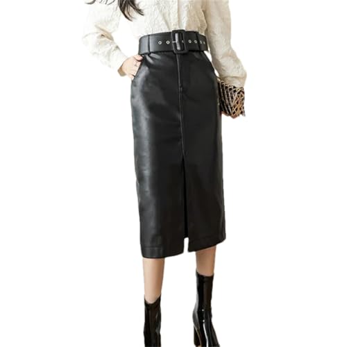 Pohullan Damen Pu Faxu Leder Mi-Long Wickelröcke mit Gürtel, hohe Taille, geteilte Scheide, Bleistiftrock, Schwarz , M von Pohullan