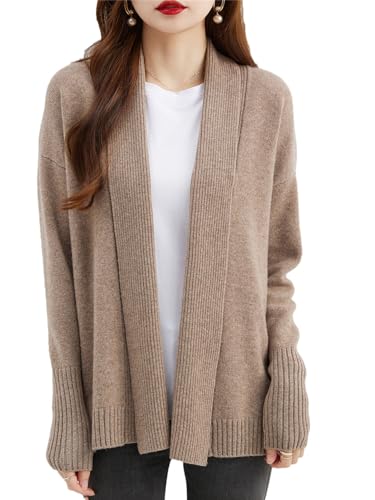 Pohullan Damen Strickjacken Merinowolle Pullover Mode Warm Weich Langarm Strickcardigan Pullover, Camel-lighttan, L von Pohullan