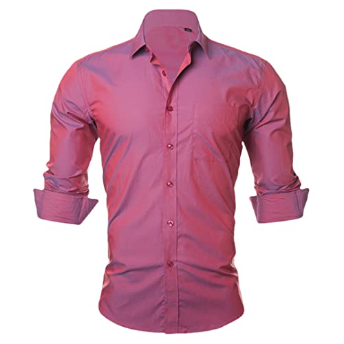 Pohullan Herren Einfarbig Business Kleid Hemden Herren Sozialhemd Herren Casual Button-Down-Shirts, rot, L von Pohullan