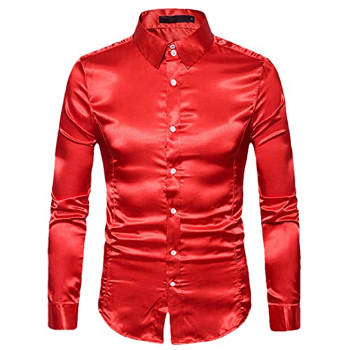 Pohullan Herren Seidenhemd Langarm Revers Einreihig Satin Casual Slim Fit Social Formal Shirts, rot, L von Pohullan