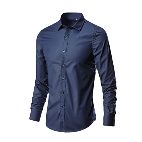 Pohullan Herren Solid Weiß Kleid Hemd Langarm Slim Fit Business Shirts Herren Casual Hawaiihemd, marineblau, 58 von Pohullan