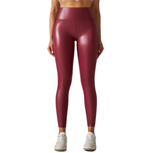 Pohullan Pu Leder Fitness Yoga Hosen Frauen Elastische Sexy Hohe Taille Schlanke Leggings Laufhose, rot, XL von Pohullan