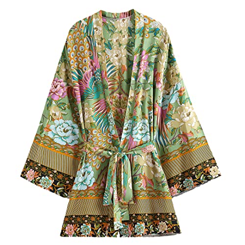 Pohullan Rayon Baumwolle Damen Kurz Kimono Roben Cover Up Capes Schärpen Casual Bluse Damen Shirts Boho, 3, Medium von Pohullan