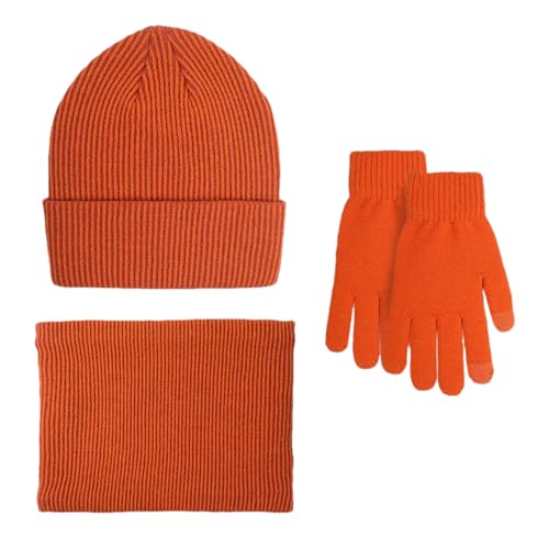 Pohullan Wintermütze Set Hals Schal Snood Handschuhe 3 stücke Einfarbig Mützen Frauen Mann Dicke Warme Kappen Set, Orange, One size von Pohullan