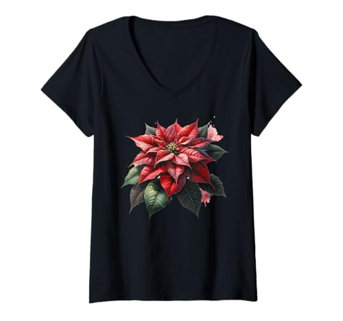 Damen Weihnachtsstern Aquarell Blume Urlaub Weihnachten Grafik T-Shirt mit V-Ausschnitt von Poinsettia Christmas Graphics
