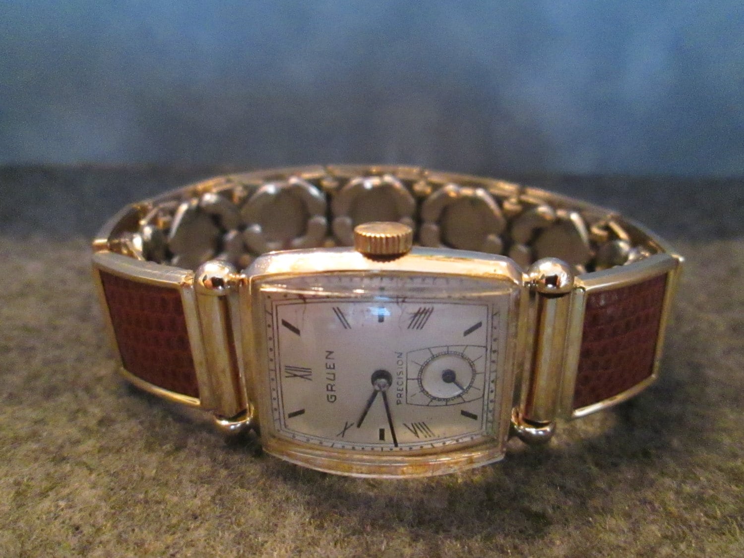 Vintage14K Massivgold Grüne Präzisions-Handaufzugs-Herrenuhr Mit Erweiterbarem Eidechsenband Wow von PointOfTime