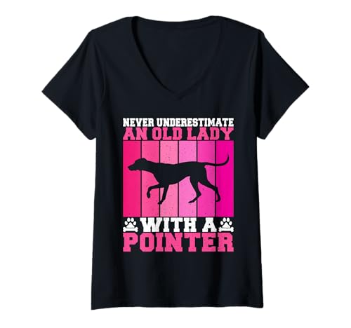 Damen Unterschätzen Sie Niemals eine alte Dame mit einem Zeigerhund T-Shirt mit V-Ausschnitt von Pointer Gifts