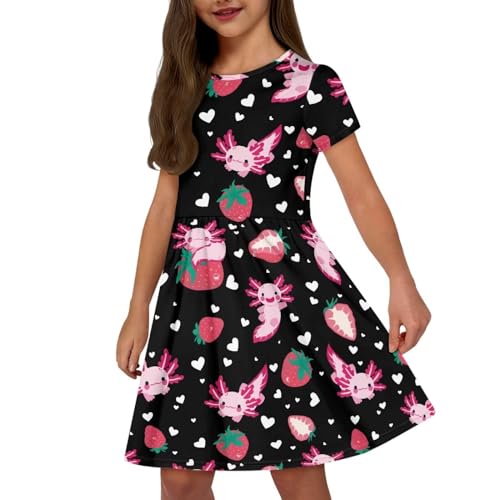 Pointodoor Sommerkleid für Mädchen, Rundhalsausschnitt, lässig, kurzärmelig, Midi-Kleid mit Taschen, für 2–14 Jahre, Axolotl Strawberries, 7-8 Jahre Pointodoor Sommerkleid für Mädchen, Rundhalsausschnitt, lässig, kurzärmelig, Midi-Kleid mit Taschen, für 2–14 Jahre, Axolotl Strawberries, 7-8 Jahre von Pointodoor