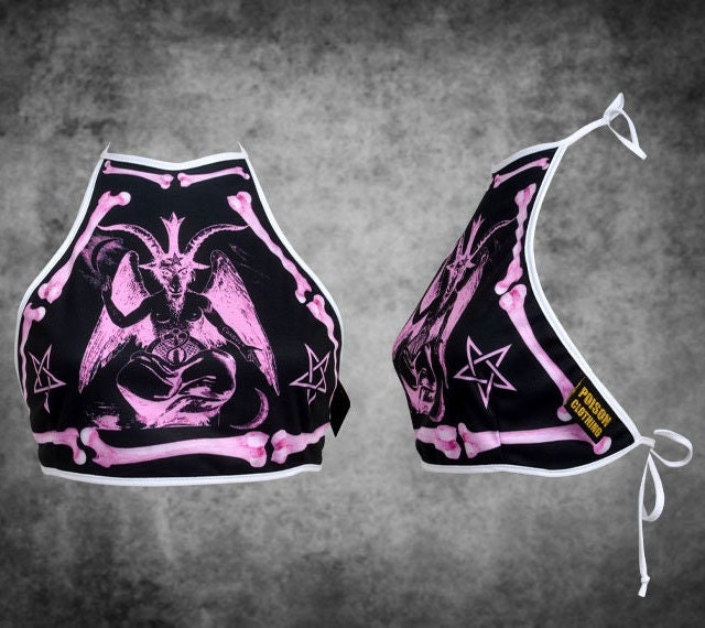 Baphomet Neckholder Top Satanic Goat Gothic Fashion Crop Festival Outfit Pink von PoisonAltClothing