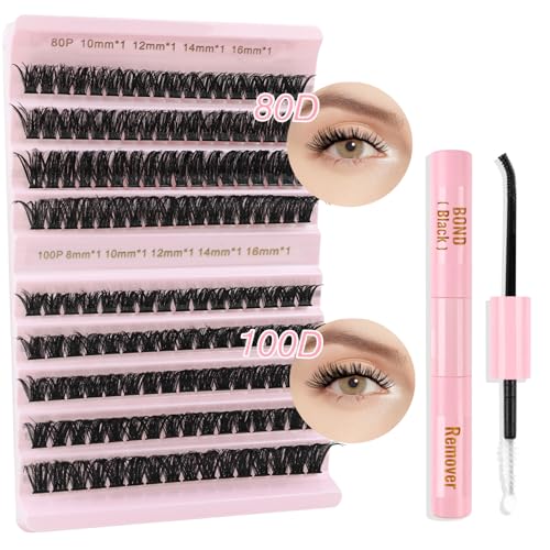 Poiuyoiu Wimpern Extensions Set mit Kleber und Entferner Fake Lashes 8-16mm Cluster Lashes Extension Set 80D 100D D Curl Künstliche Wimpern Einzelne Wimpernverlängerung Set Falsche Wimpern von Poiuyoiu