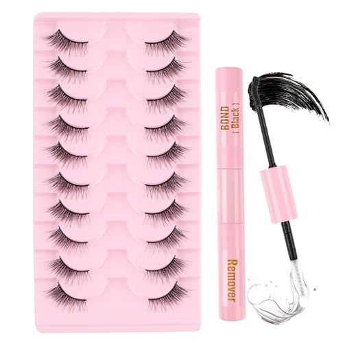 Poiuyoiu Halbe Wimpern Wispy Cat Eye Lashes Flauschige Falsche Wimpern Kit mit Wimpernkleber und Entferner 3/4 Corner Cluster Lashes Wiederverwendbare Natürliche Gefälschte Nerzwimpern 10 Paare von Poiuyoiu