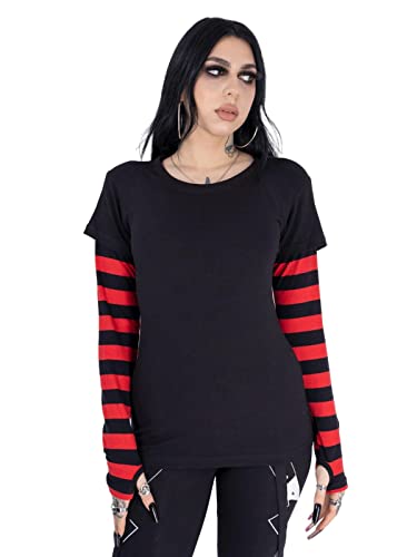 Poizen Industries Menace T-Shirt 2-in-1 Roter Streifen Langarm Gotisch Emo Punk - Schwarz Rot - M von Poizen Industries